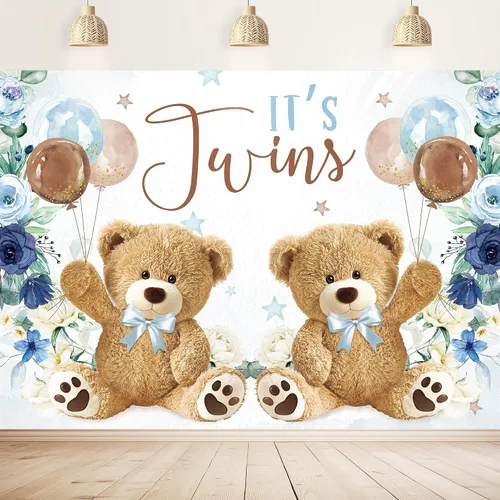 Miniatura 13 de Telón de fondo de oso para baby shower, de 5 pulgadas de ancho x 3 de alto, con texto en inglés «We Can Bearly Wait Brown Blue Balloons» de dibujos