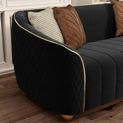 Miniatura 8 de Sofá de lujo de terciopelo retro de 3 plazas, cómodo sofá biplaza tapizado de terciopelo de 86 pulgadas con patas y almohadas de metal dorado, sofá