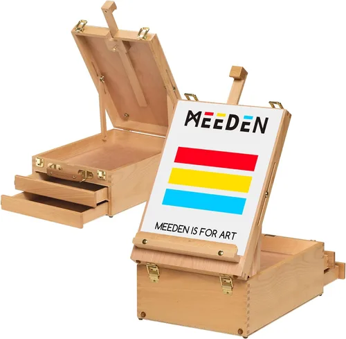 MEEDEN Caja de bocetos de caballete de mesa grande, caja de caballete de escritorio de madera de haya maciza ajustable, caballete de viaje para