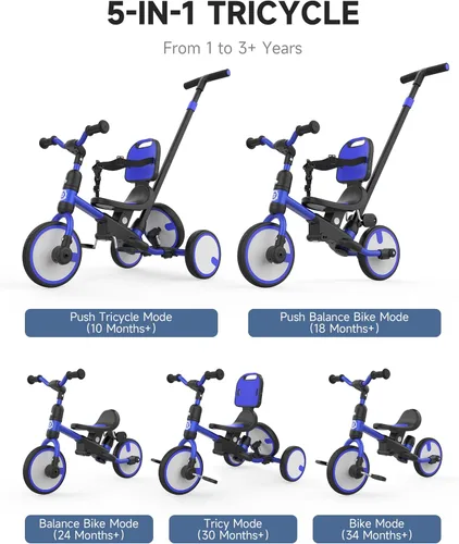 Miniatura 2 de besrey Triciclo para niños pequeños con rueda de repuesto, bicicleta para niños de 1 a 3 años, triciclo 5 en 1 para niños con asa de empuje