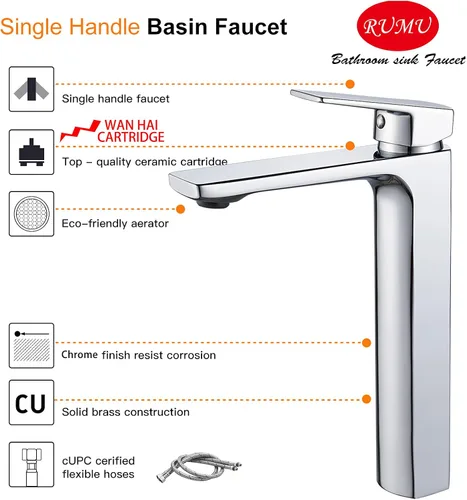 Miniatura 5 de VOTON Grifo de fregadero cromado de latón macizo, grifo alto de una sola manija para lavamanos de baño, grifo para lavabo de latón macizo, grifo