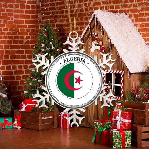Miniatura 5 de Bandera de Argelia, adorno de Navidad para niños, bandera nacional, silueta de Argelia, decoración de Navidad, copo de nieve, adorno de metal