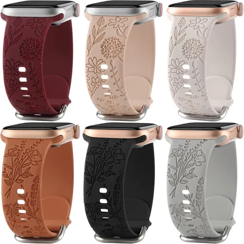 Miniatura 12 de Paquete de 6 correas de silicona grabadas con estampado floral compatibles con Apple Watch de 1.575 in 1.614 in 1.496 in 1.654 in 1.732 in 1.772 in
