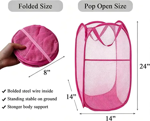 Miniatura 2 de Larpur Cesta desplegable para lavandería, plegable, portátil, de malla, con asas de transporte reforzadas (rosa)