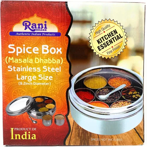 Miniatura 7 de Caja de especias Rani de acero inoxidable transparente redonda para almacenamiento (Masala Dabba) de 7 compartimentos, con cuchara