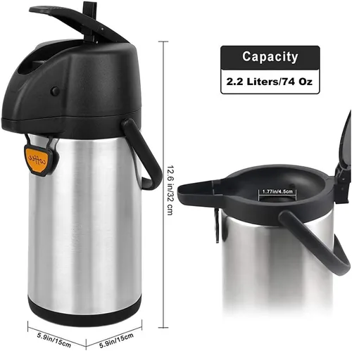 Miniatura 3 de Airpot - Dispensador de café térmico con bomba, 2.2L/74 onzas, aislado de acero inoxidable, gran jarra de café, palanca de acción para agua