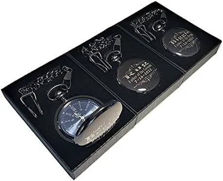 Miniatura 2 de 1 reloj de bolsillo personalizado, regalo grabado de estilo vintage. Caja incluida, cadena de acero inoxidable y grabado incluidos, padrinos