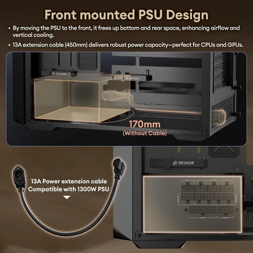 Miniatura 9 de Okinos Air Cross, Caja ATX de Madera de Nogal Genuina, Ventilador PWM de 3×140mm y Ventilador PWM Inverso de 2x120mm Preinstalado, Paneles de Malla