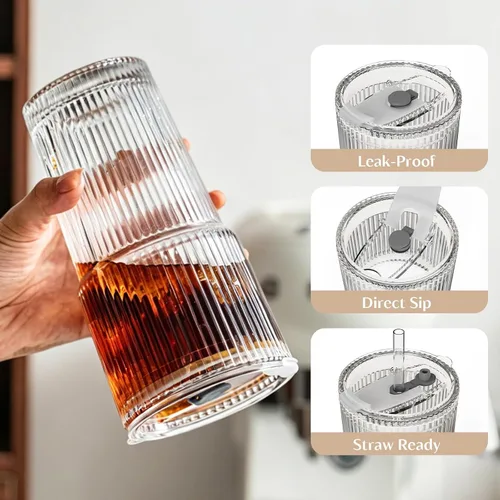 Miniatura 5 de INSETLAN Vasos de vidrio acanalado de 20 onzas con tapas y popotes de vidrio, juego de 4 piezas de cristalería, pared gruesa, ideal para café