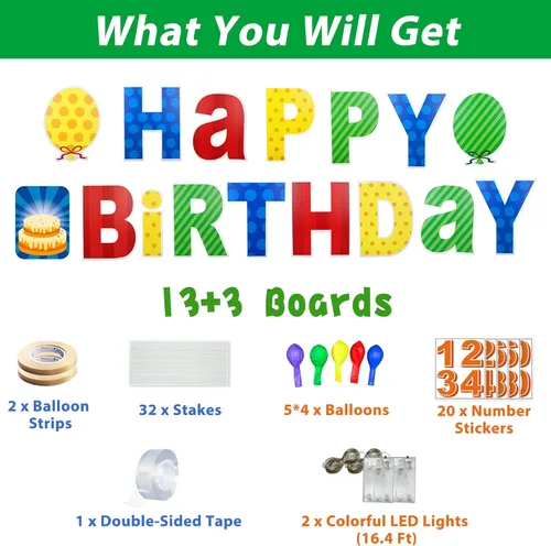 Miniatura 2 de ComboJoy 16 carteles de feliz cumpleaños con estacas, letreros de plástico personalizados con luces LED, 20 calcomanías de números y letras