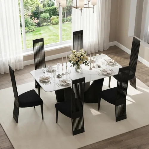 Miniatura 6 de Boucle - Juego de 8 sillas de comedor negras, modernas sillas de comedor tapizadas con respaldo alto con marco de acero inoxidable resistente