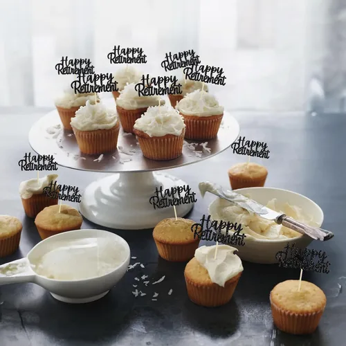 Miniatura 7 de Gyufise Decoración negra para cupcakes con purpurina para jubilados, decoración de pasteles para fiestas de jubilación, paquete de 36