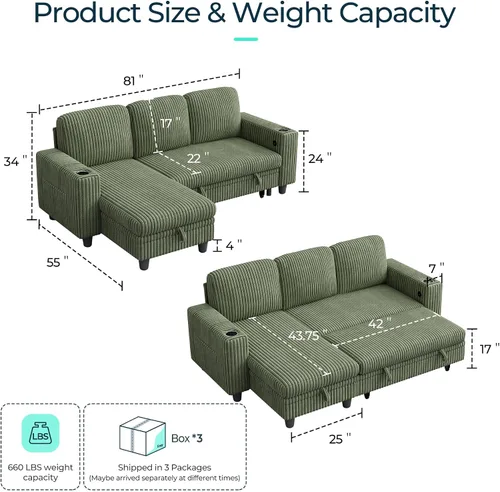 Miniatura 2 de LINSY HOME Sofá Seccional Cama con Sofá Cama Extraíble Convertible de Pana Suave Tipo Nube con Chaise de Almacenamiento y Carga USB, Cómodos Sofás