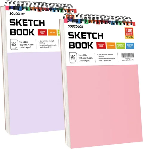 Miniatura 31 de Soucolor - Cuaderno de bocetos de 9 x 12 pulgadas, paquete de 4 de 100 hojas, encuadernado en espiral, libre de ácido (68 libras/100 g/m²), papel