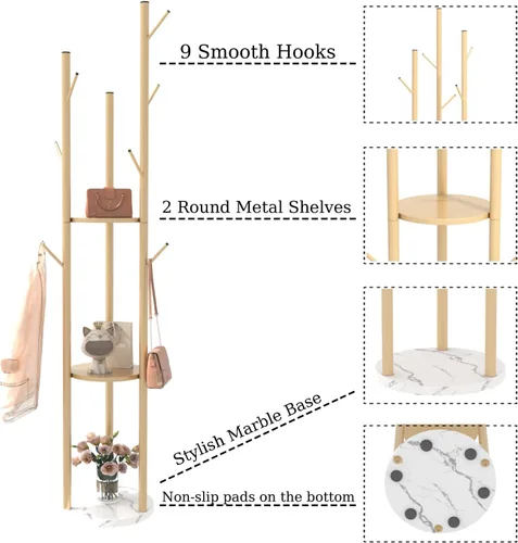 Miniatura 3 de TIEOU Perchero de metal, percheros dorados independientes con estantes y base de mármol, árbol de abrigo con 9 ganchos para bufandas, bolsas