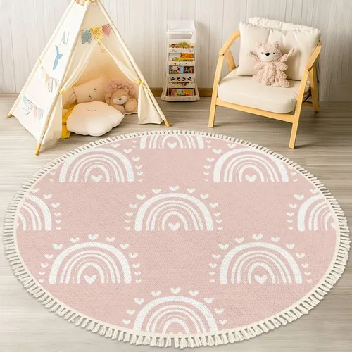 Miniatura 13 de Alfombra redonda bohemia para niños, dibujada a mano sin costuras con arco iris rosa pastel, alfombra de verano para bebé, alfombra de lino