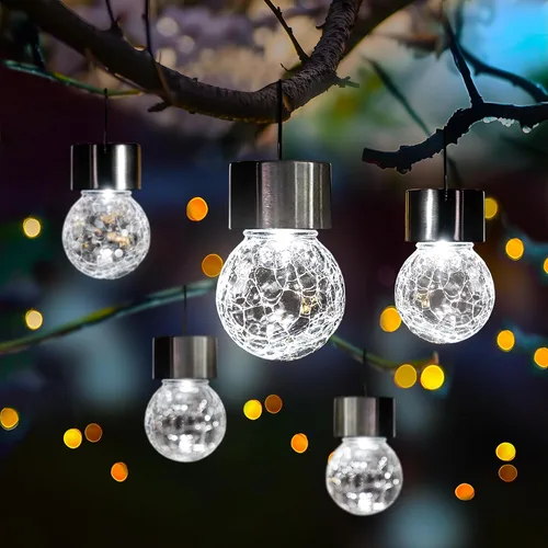 Miniatura 11 de Solpex Luces solares colgantes al aire libre, paquete de 8 luces decorativas de bola de vidrio agrietado, iluminación solar impermeable, luces