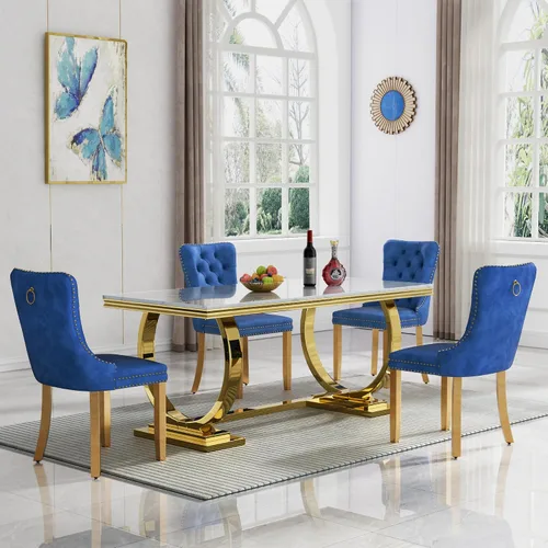Miniatura 11 de Juego de mesa de comedor de mármol de 5 piezas para 4, mesa de cocina de lujo de 68 pulgadas de mármol negro dorado con 4 sillas tapizadas