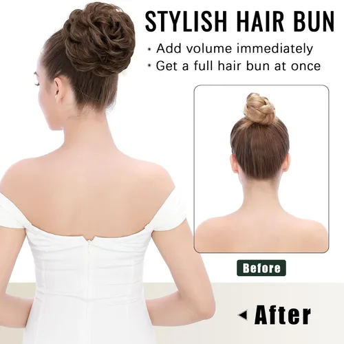 Miniatura 5 de Hairro Pieza de pelo para mujer, moño desordenado, esponjoso, despeinado, recogido, ombré, coleteros sintéticos, dona, elástico, para boda, novia