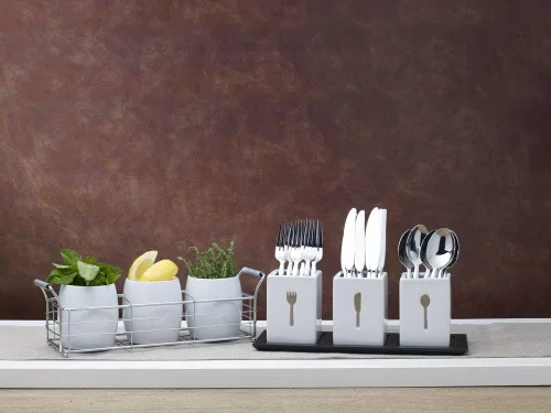 Miniatura 7 de Towle Living Carrito de cerámica de 3 piezas con bandeja de madera, blanco, negro