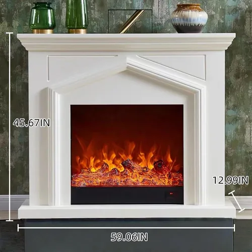 Miniatura 2 de Chimenea eléctrica independiente con repisa de 59 pulgadas (llama realista) (forma de techo) blanco moderno soporte de TV Chimenea para Sala