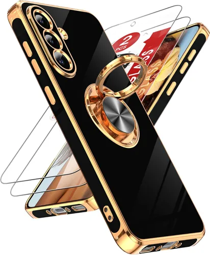Miniatura 88 de LeYi Funda para Samsung Galaxy S22 Ultra con soporte de anillo giratorio de 360°, soporte magnético, chapado en oro rosa, borde protector para Negro