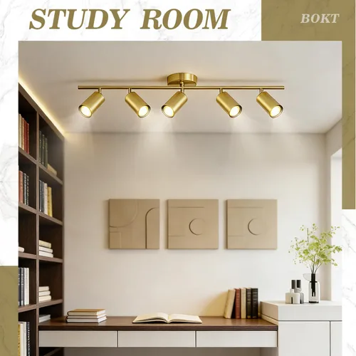 Miniatura 5 de BOKT Luminarias de pista LED de 5 luces para techo dorado moderno, foco de 5 direcciones, iluminación interior de pista lineal vintage de mediados 5