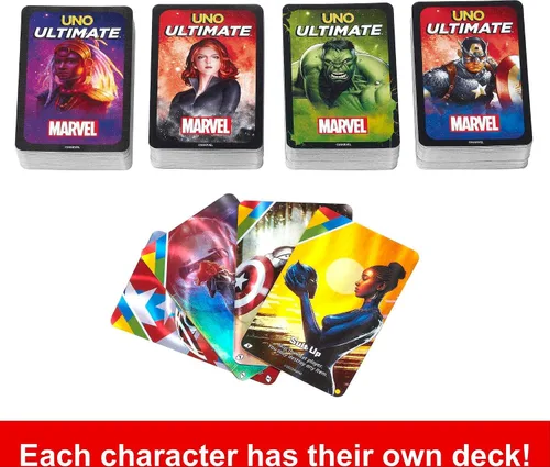 Miniatura 4 de Mattel Games UNO Ultimate Marvel Juego de cartas con 4 mazos de personajes, 4 cartas coleccionables de lámina metálica y reglas especiales, para 2-4