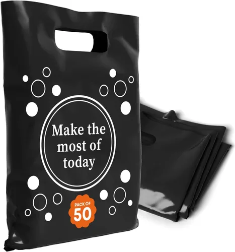 Miniatura 47 de Bolsas de plástico con asas – Bolsas de mercancía de 12 x 15 pulgadas para pequeñas empresas – Bolsas troqueladas para compras minoristas y Negro