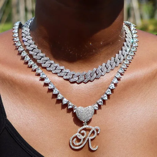 Miniatura 2 de DLSIXNCO Cadena de eslabones cubanos de plata para mujer, collares en capas con iniciales cursivas en forma de corazón, collar con colgante