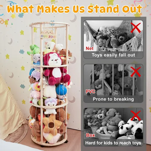 Miniatura 5 de Almacenamiento de animales de peluche con ruedas, organizador de juguetes de madera con capacidad extragrande, soporte de felpa que ahorra espacio