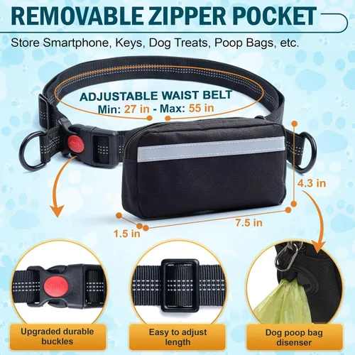 Miniatura 5 de Correa de perro manos libres con cinturón – Bungee sin tirones, asas acolchadas dobles y bolsa con cremallera para correr, caminar y entrenar
