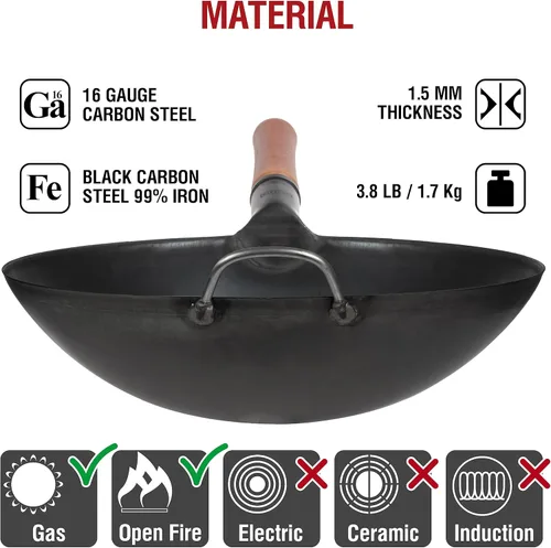 Miniatura 4 de YOSUKATA Juego de sartén Wok de acero al carbono de 14 pulgadas, presazonada, espátula y cucharón para wok de 17 pulgadas, resistente al calor, apto
