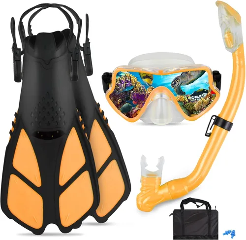 Miniatura 7 de Juego de esnórquel para niños – Aletas ajustables + máscara de esnórquel panorámica + tubo de esnórquel seco + bolsas de viaje – Adecuado para niños