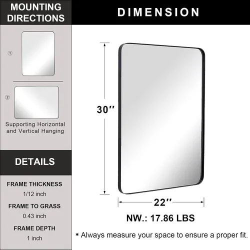 Miniatura 3 de ANDY STAR Espejo de pared para baño con marco de metal de acero inoxidable, marco rectangular de esquina redondeada de 22 x 30 pulgadas, acabado