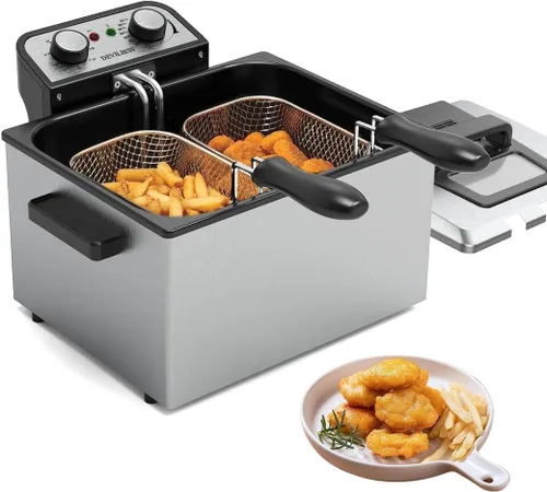Freidora eléctrica para uso doméstico, freidora de encimera de acero inoxidable de 1800 W con tanque de aceite de 5 L, cesta de freír extraíble y