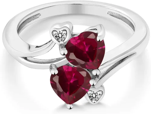 Miniatura 2 de Gem Stone King Anillo de diamante de oro blanco de 10 quilates con forma de corazón rojo y rubí creado de 1.96 quilates