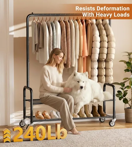 Miniatura 3 de AOODA Perchero resistente con estantes, estantes de ropa de metal de 46.5 pulgadas para colgar ropa, perchero con ruedas con cerradura para abrigos