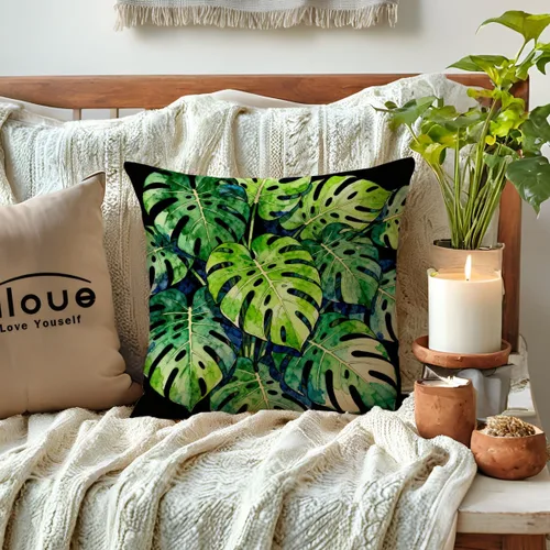 Miniatura 2 de Juego de 2 fundas de almohada de hojas de Monstera con diseño de hojas de palmera tropical, con temática botánica, fundas de almohada decorativas