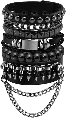 Miniatura 8 de Eigso Pulseras de cuero punk para hombres y mujeres, estilo retro de los años 80, hematita y rock, juego de pulseras de metal ajustables para hombre