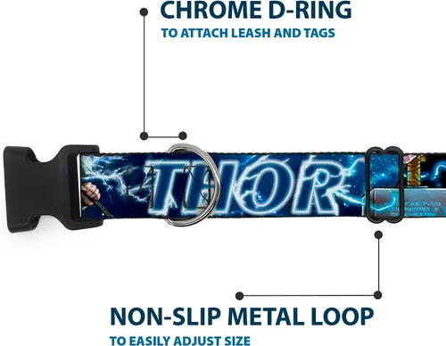Miniatura 5 de Marvel Comics - Collar para mascotas, collar de perro, hebilla de plástico, Avengers Thor Hammer Action Pose Galaxy Blues White, 9.5 a 13 pulgadas