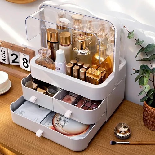 Miniatura 3 de Organizador de maquillaje grande con soporte para pinceles, organizador de cuidado de la piel impermeable y a prueba de polvo con tapa y cajones
