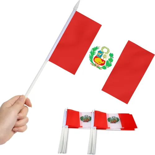 Anley Paquete de 12 mini banderas peruanas en miniatura de mano en barra, resistentes a la decoloración y colores vivos, 5 x 8 pulgadas con poste