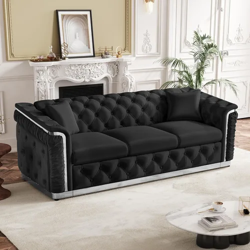 Miniatura 14 de Juego de 2 sofás Chesterfield de lujo, sofá victoriano copetudo negro y dorado, moderno de mediados de siglo, juego de sofás de 3 plazas para sala