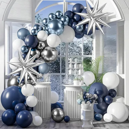 Miniatura 6 de Kit de arco de globos azul plateado, guirnalda de globos azul marino plateado con globos metálicos azul claro plateado globos de papel de aluminio