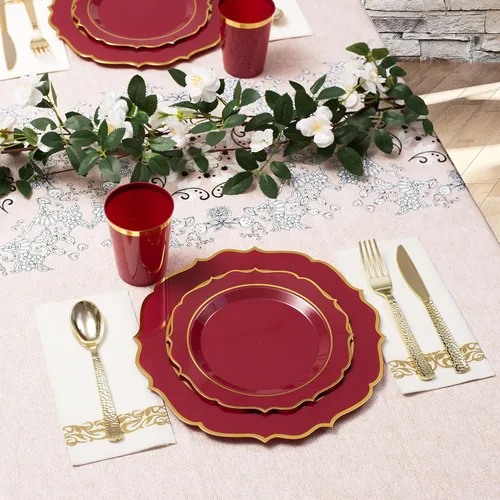 Miniatura 9 de Platos desechables burdeos - 50 platos de plástico granate, juego de vajilla de plástico rojo, 25 vasos de 10 onzas, 75 cubiertos dorados, 25 Borgoña