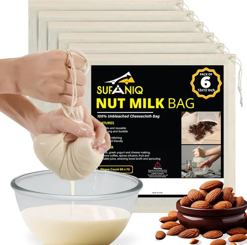 Miniatura 8 de SUFANIQ - Bolsa de leche de nueces, 2 bolsas (12 x 12 pulgadas), bolsa de tela de queso 100% algodón sin blanquear para colar, bolsa de leche