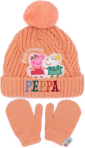 Peppa Pig Hat And Mittens Kids Peach Knit Winter Beanie Gloves, Rosado