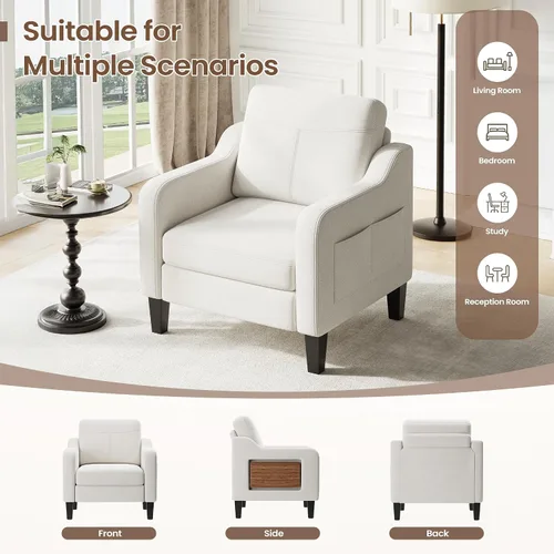 Miniatura 5 de Silla de acento para sala de estar, sillón moderno tapizado en lino, silla de sofá lateral de tela con estructura de madera con mesa plegable, 2
