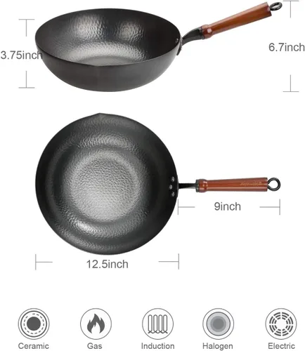 Miniatura 3 de BIELMEIER - Sartén Wok de 12.5", sartén para sofrito con tapa, guantes y accesorios para ollas, de acero al carbono, adecuada para todas las estufas